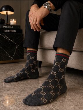Gucci Gray GG Logo Crew Socks with Yellow Monogram and Green & Red Trim